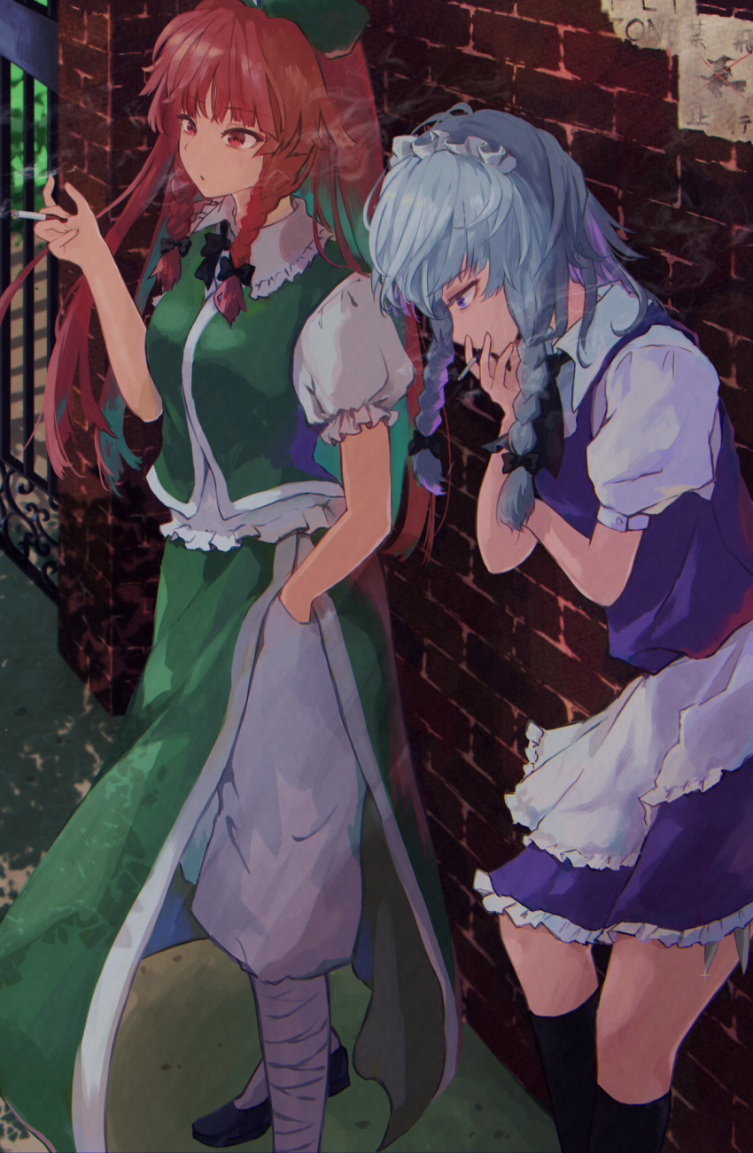 2girls against_wall apron arms_up bandaged_leg bandages black_footwear black_legwear blowing_smoke blue_eyes blue_skirt blue_vest braid brick_wall chinese_clothes cigarette commentary_request crossed_arms foot_out_of_frame gate green_headwear green_skirt green_vest hand_in_pocket highres holding holding_cigarette hong_meiling izayoi_sakuya kneehighs leaning_forward long_hair looking_down looking_to_the_side maid_headdress multiple_girls outdoors pants puffy_pants puffy_short_sleeves puffy_sleeves red_eyes redhead shirt short_hair short_sleeves sign silver_hair skirt smoke smoking standing touhou twin_braids very_long_hair vest waist_apron white_pants white_shirt yamabuki_(laysis_yama)