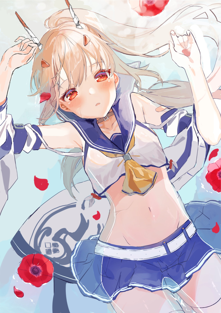 1girl absurdres ayanami_(azur_lane) azur_lane bangs blue_sailor_collar blue_skirt blush breasts choker collarbone crop_top detached_sleeves floating highres in_water long_hair long_ponytail looking_at_viewer lying machi_futo miniskirt navel neckerchief on_back parted_lips petals petals_on_liquid platinum_blonde_hair pleated_skirt ponytail red_eyes sailor_collar sidelocks skirt small_breasts solo stomach thigh-highs white_legwear yellow_neckwear