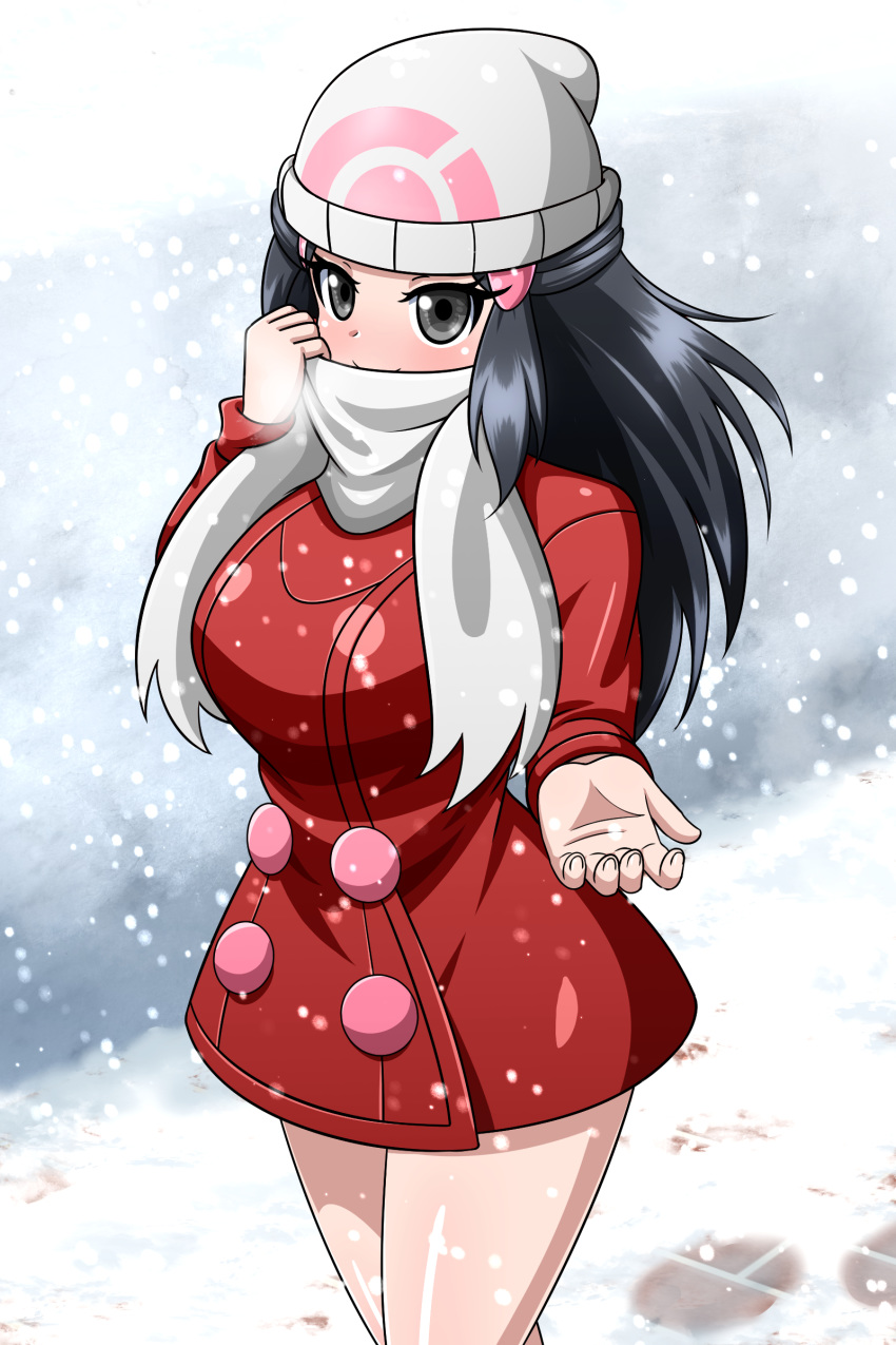 1girl absurdres beanie blue_eyes blue_hair blush breasts closed_mouth hikari_(pokemon) hair_ornament hat highres large_breasts long_hair looking_at_viewer pokemon pokemon_(game) pokemon_dppt scarf skirt smile solo winter_clothes yensh