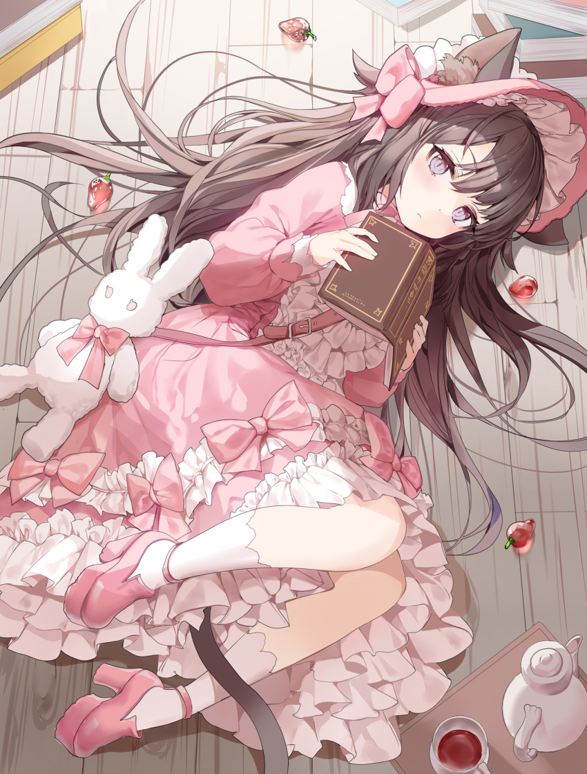 1girl animal_ear_fluff animal_ears bonnet book bow brown_hair cat_ears cat_girl cat_tail cup dress eyebrows_visible_through_hair food frilled_dress frills fruit high_heels highres long_hair lying on_floor on_side original pink_bow pink_dress pink_footwear ronopu solo strawberry stuffed_animal stuffed_bunny stuffed_toy tail tea teacup teapot violet_eyes white_legwear