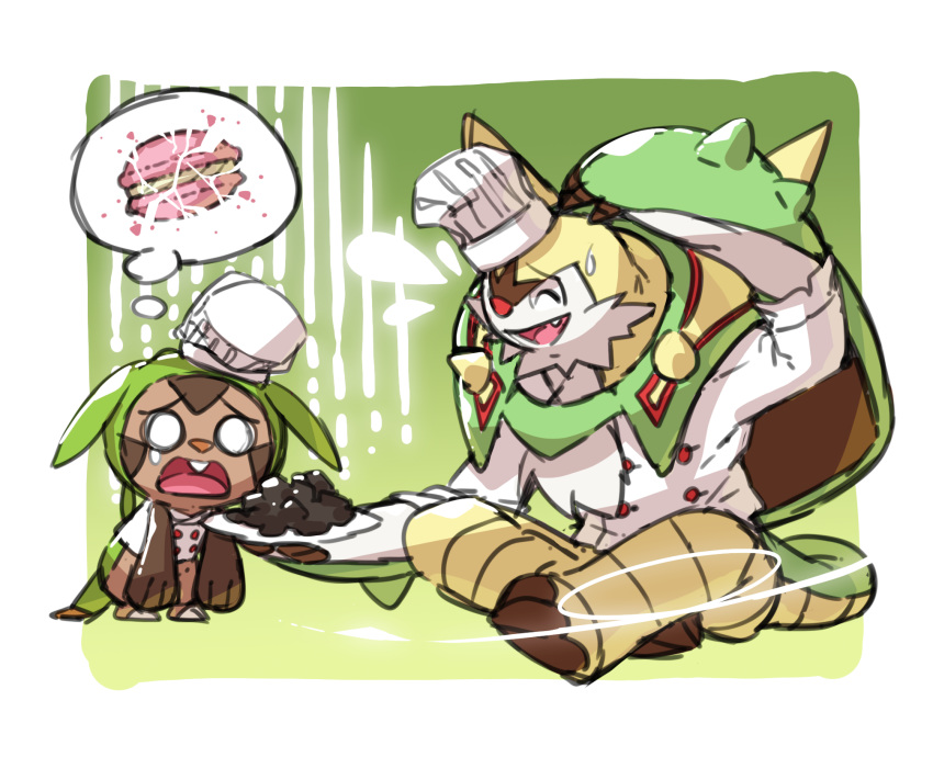 arm_up burnt_food chef_hat chesnaught chespin commentary_request disappointed fang food gen_6_pokemon hat highres holding holding_plate macaron no_humans open_mouth plate pokemon pokemon_(creature) presenting raised_eyebrows starter_pokemon sweatdrop taisa_(lovemokunae) thought_bubble tongue