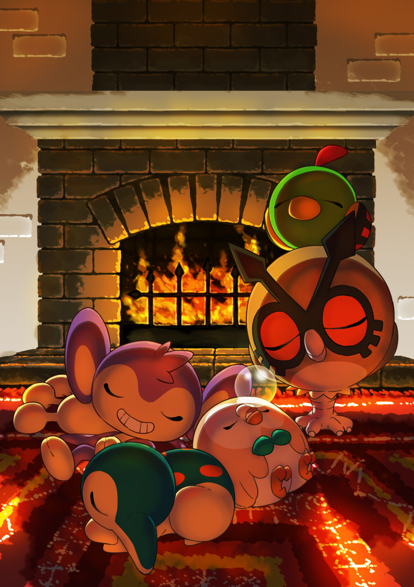 absurdres aipom beak bubble claws closed_eyes commentary_request cyndaquil fire fireplace gen_2_pokemon gen_7_pokemon highres hoothoot indoors lying natu no_humans on_back on_stomach open_mouth pokemon pokemon_(creature) rowlet rug sleeping smile taisa_(lovemokunae) teeth