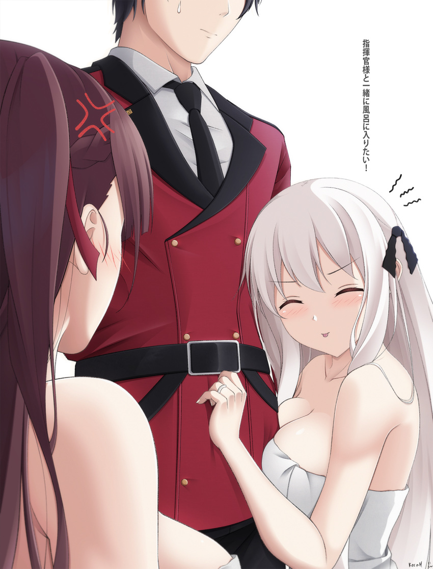 1boy 2girls :p ^_^ anger_vein bangs bare_shoulders belt black_belt black_neckwear blush breasts closed_eyes collarbone commander_(girls_frontline) commentary dress girls_frontline hair_between_eyes hair_ribbon head_out_of_frame highres hug jacket jewelry kar98k_(girls_frontline) keenh large_breasts long_hair multiple_girls necktie one_side_up purple_hair red_jacket ribbon ring simple_background strapless strapless_dress sweat tongue tongue_out translation_request upper_body very_long_hair wa2000_(girls_frontline) wedding_band white_background white_dress white_hair