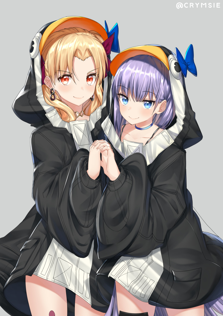 2girls absurdres blonde_hair blue_bow blue_eyes blush bow closed_mouth commission cosplay earrings ereshkigal_(fate/grand_order) eyebrows_visible_through_hair fate/grand_order fate_(series) highres holding_hands jewelry long_sleeves looking_at_viewer meltryllis meltryllis_(swimsuit_lancer)_(fate) meltryllis_(swimsuit_lancer)_(fate)_(cosplay) multiple_girls purple_hair rachel_bouvier red_eyes smile