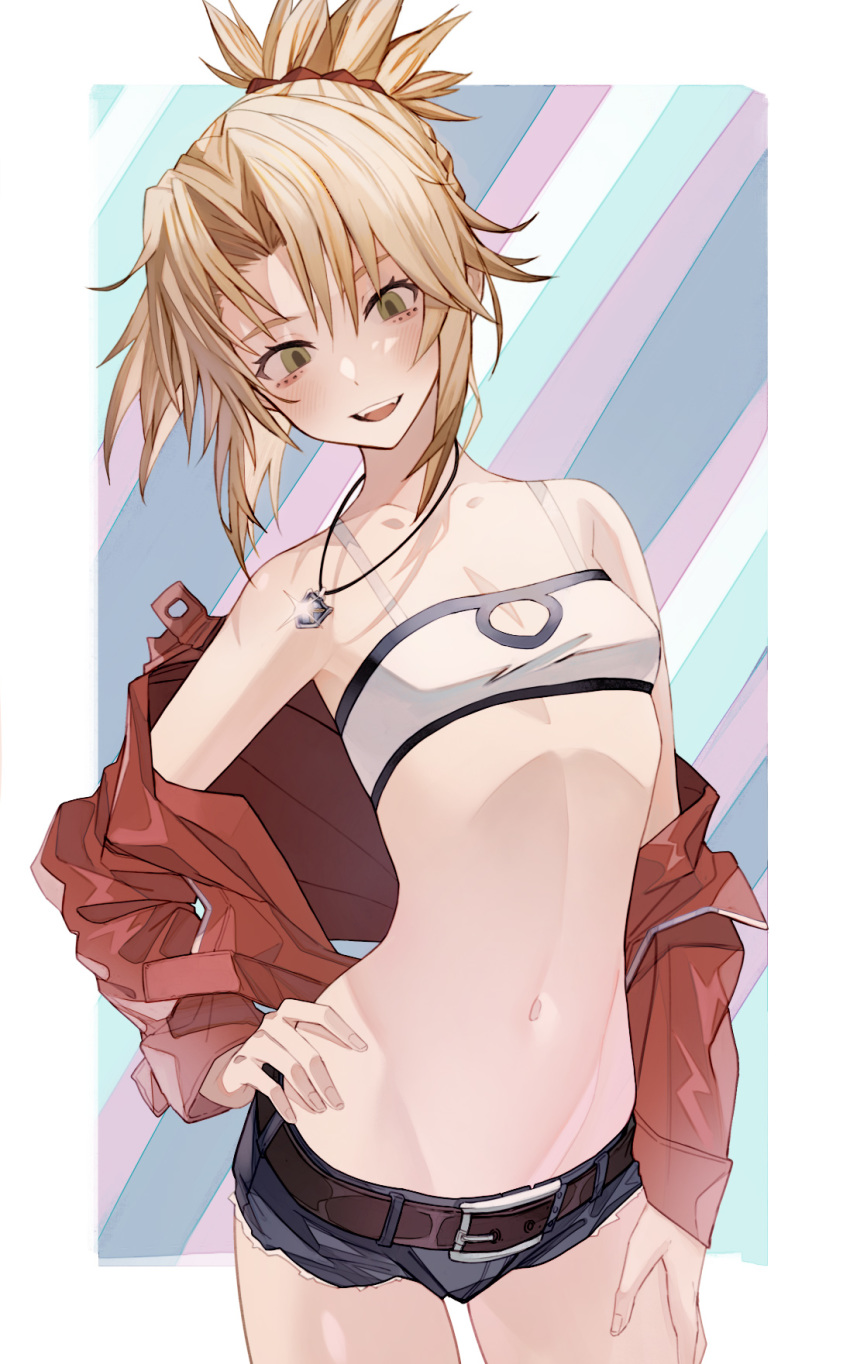 1girl armpits bandeau bare_shoulders belt blonde_hair blue_shorts breasts cowboy_shot denim denim_shorts fangs fate/grand_order fate_(series) green_eyes hand_on_hip hand_on_own_thigh highres jacket jewelry long_hair looking_at_viewer micro_shorts midriff mordred_(fate) mordred_(fate)_(all) navel necklace off_shoulder open_clothes open_jacket open_mouth pokan_(xz1128) red_jacket shorts small_breasts smile solo stomach tied_hair