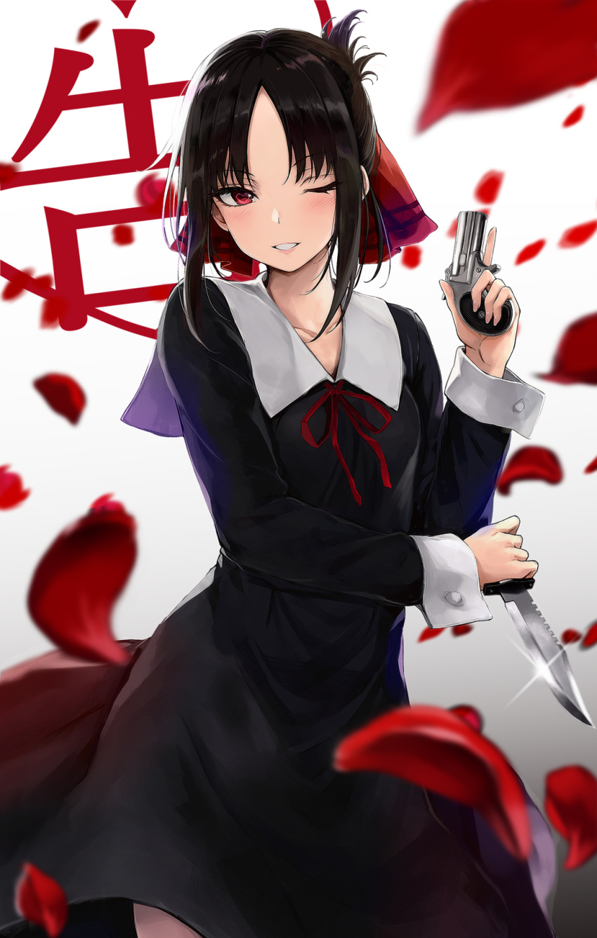 1girl background_text bangs black_dress black_hair blush collared_dress combat_knife commentary_request cowboy_shot derringer dress folded_ponytail grey_background gun hair_ribbon handgun heart heart-shaped_pupils highres holding holding_gun holding_knife holding_weapon kaguya-sama_wa_kokurasetai_~tensai-tachi_no_renai_zunousen~ knife light_blush long_sleeves looking_at_viewer medium_dress napo8593 neck_ribbon one_eye_closed parted_bangs petals red_eyes red_ribbon ribbon shinomiya_kaguya short_hair sidelocks solo sparkle standing symbol-shaped_pupils weapon wind wind_lift