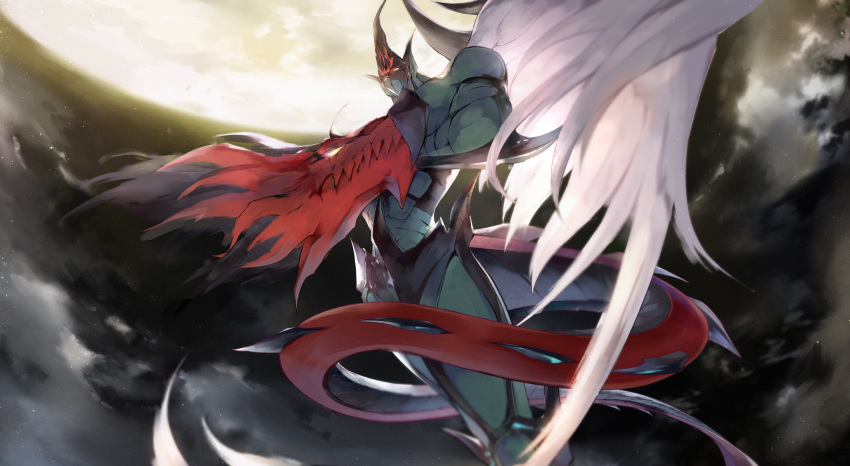 1boy closed_mouth clouds cloudy_sky crossed_arms dragon dragon_tail duel_monster elemental_hero_flame_wingman feathered_wings glowing glowing_eyes green_skin highres kanaria_(fuusenkazura) looking_down male_focus monster moon night night_sky outdoors pointy_ears single_wing sky solo standing tail wings yellow_eyes yellow_moon yuu-gi-ou yuu-gi-ou_gx