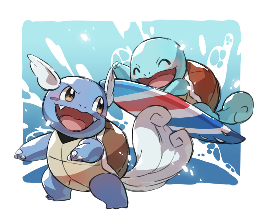 ^_^ blush brown_eyes claws closed_eyes commentary_request fangs gen_1_pokemon gradient gradient_background hand_up highres looking_back open_mouth pokemon pokemon_(creature) squirtle surfboard surfing tail taisa_(lovemokunae) tongue turtle wartortle