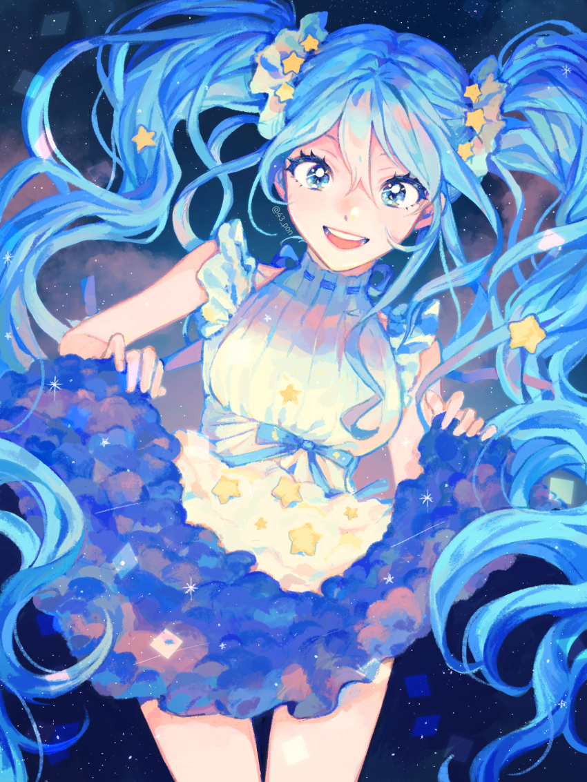 1girl 43_pon alternate_costume blue_eyes blue_hair breasts commentary dress frilled_dress frills hair_ornament hatsune_miku highres holding holding_clothes long_hair medium_breasts night night_sky open_mouth skirt_hold sky smile solo star_(sky) star_(symbol) star_hair_ornament starry_sky twintails vocaloid white_dress