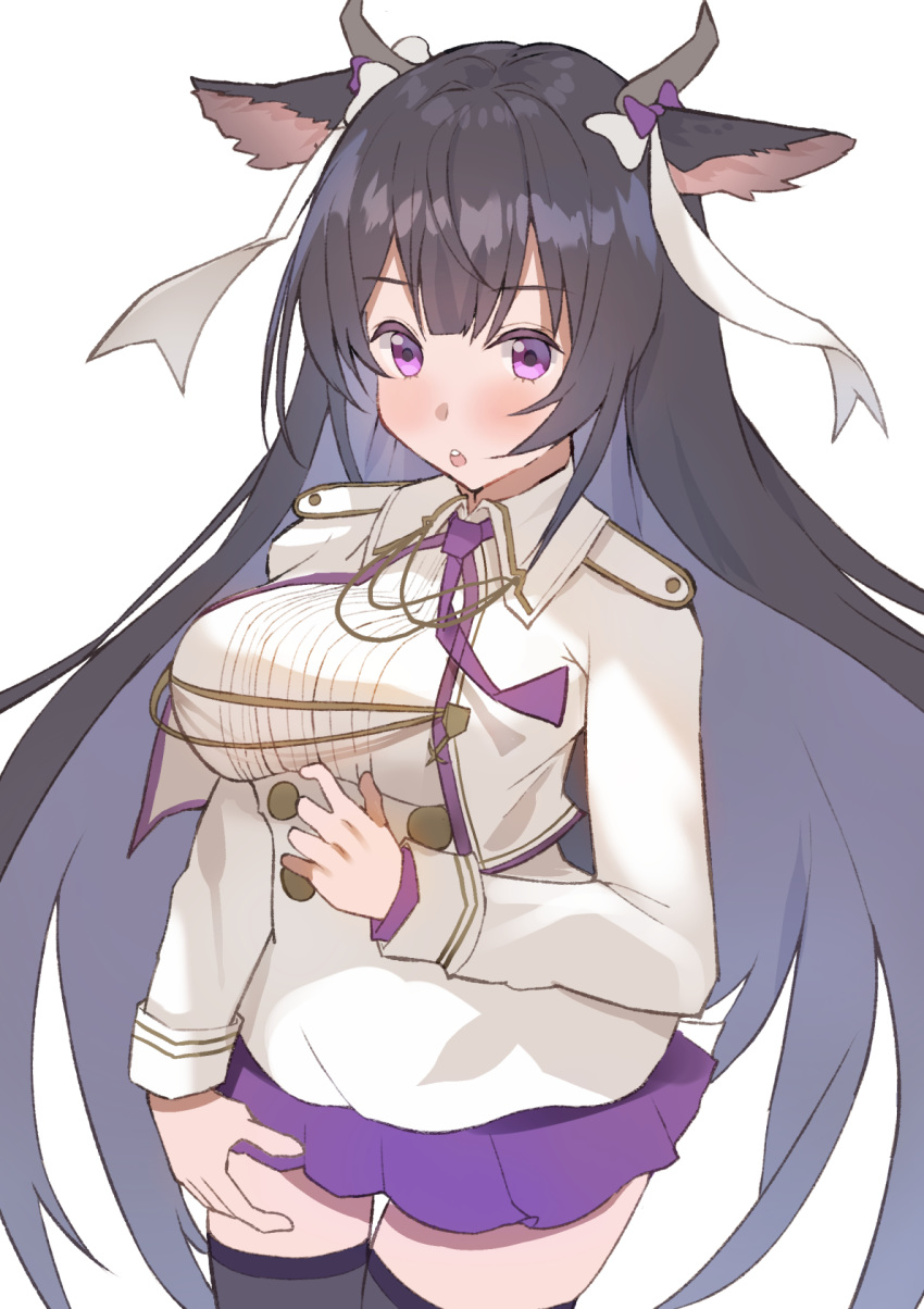 1girl :o aa44 animal_ears azur_lane bangs black_hair black_legwear blunt_bangs blush breasts buttons commentary cow_ears cow_horns cropped_jacket eyebrows_visible_through_hair floating_hair hair_ribbon highres horns jacket kashino_(azur_lane) large_breasts long_hair long_sleeves looking_at_viewer miniskirt neckerchief open_clothes open_jacket pleated_skirt purple_neckwear purple_skirt ribbon shirt sidelocks simple_background skirt solo standing thigh-highs upper_teeth violet_eyes white_background white_jacket white_shirt zettai_ryouiki