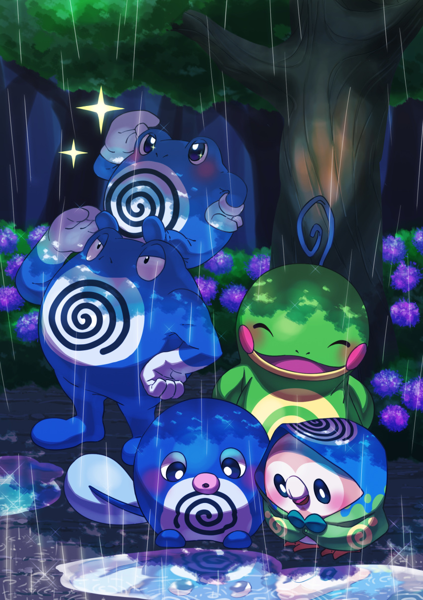 absurdres arm_up bird blush closed_eyes commentary_request frog gen_1_pokemon gen_2_pokemon gen_7_pokemon highres looking_down open_mouth owl pokemon pokemon_(creature) politoed poliwag poliwhirl poliwrath puddle rain rowlet shawl smile sparkle spiral taisa_(lovemokunae) tongue tree water