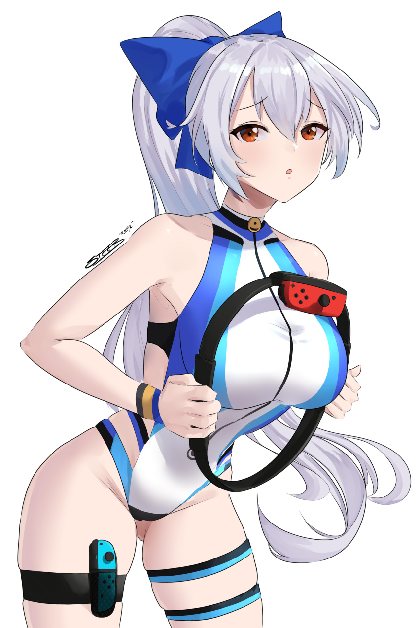 1girl absurdres bangs blue_bow blue_swimsuit blush bow breasts fate/grand_order fate_(series) hair_between_eyes hair_bow highleg highleg_swimsuit highres joy-con large_breasts long_hair looking_at_viewer one-piece_swimsuit open_mouth ponytail red_eyes ring-con ring_fit_adventure silver_hair simple_background steeb swimsuit thigh_strap thighs tomoe_gozen_(fate/grand_order) tomoe_gozen_(swimsuit_saber)_(fate) two-tone_swimsuit white_background white_swimsuit