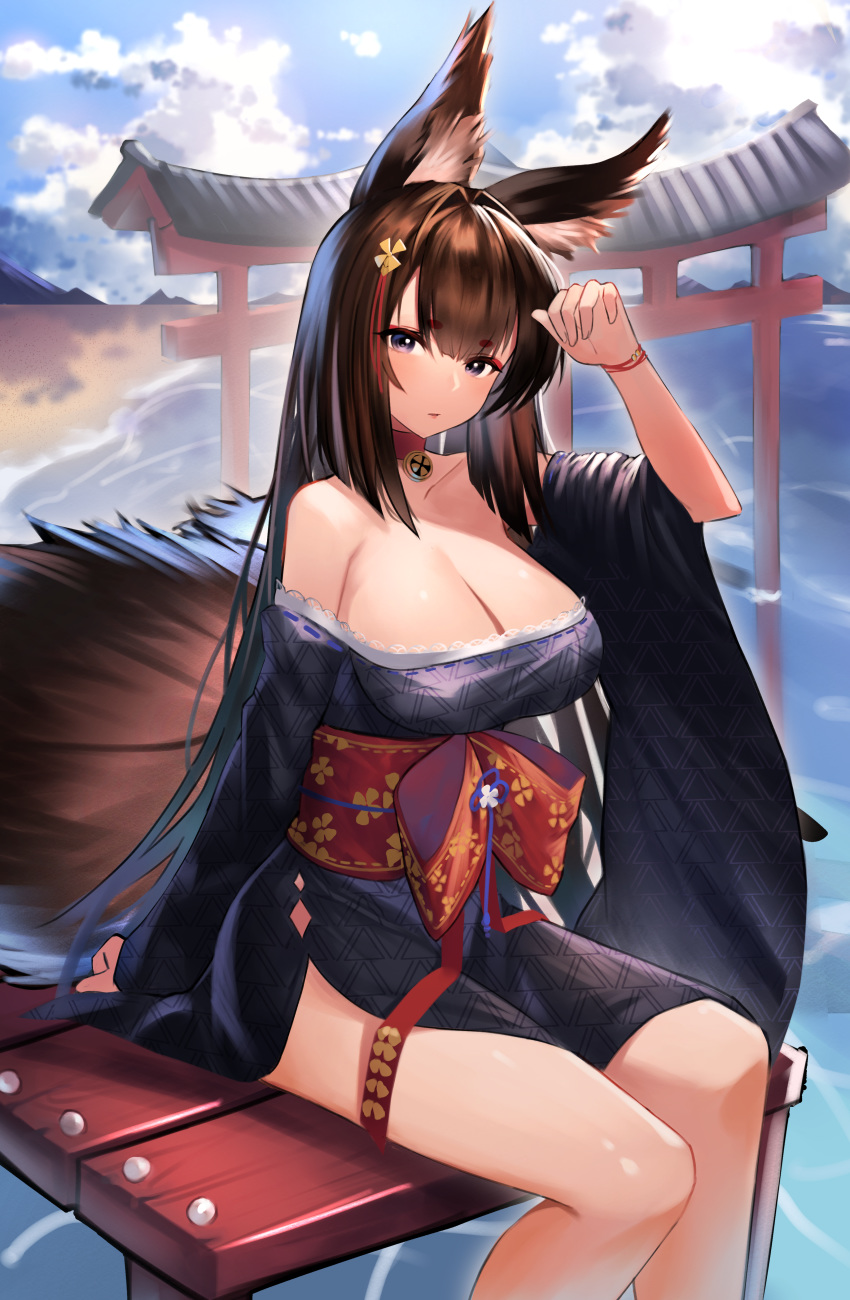 1girl absurdres amagi_(azur_lane) animal_ear_fluff animal_ears azur_lane breasts brown_hair choker hair_between_eyes highres huge_filesize japanese_clothes kimono kitsune large_breasts long_hair lordol multiple_tails obi off-shoulder_kimono purple_kimono red_choker sash sitting solo tail very_long_hair water wide_sleeves