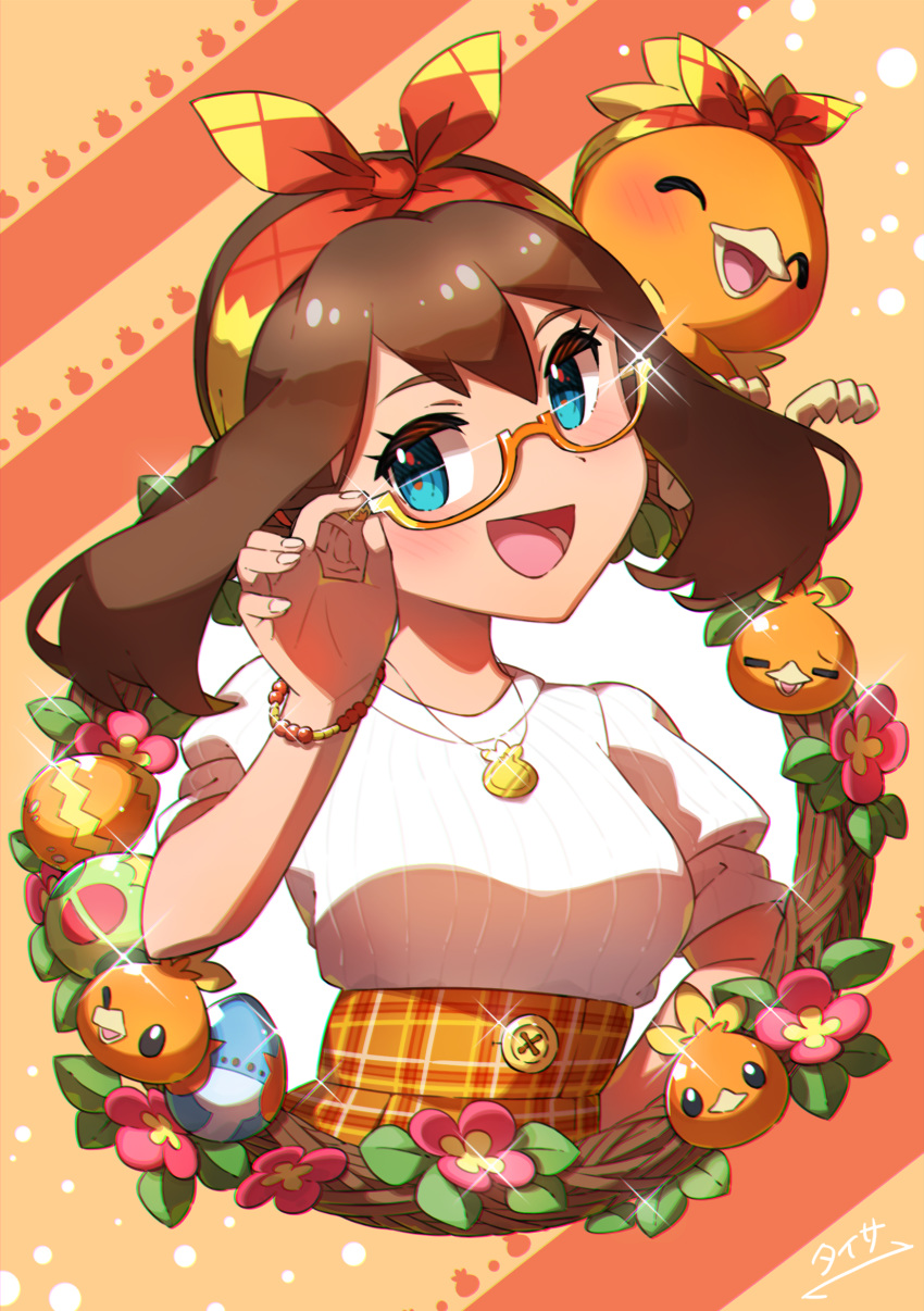 1girl :d absurdres adjusting_eyewear alternate_costume bangs blue_eyes blush bow_hairband brown_hair commentary_request egg eyelashes fingernails gen_3_pokemon hairband hand_up happy highres jewelry long_hair may_(pokemon) necklace open_mouth orange-framed_eyewear orange_skirt plaid plaid_skirt pokemon pokemon_(anime) pokemon_(creature) pokemon_rse_(anime) shiny shiny_hair short_sleeves skirt smile taisa_(lovemokunae) teeth tongue torchic