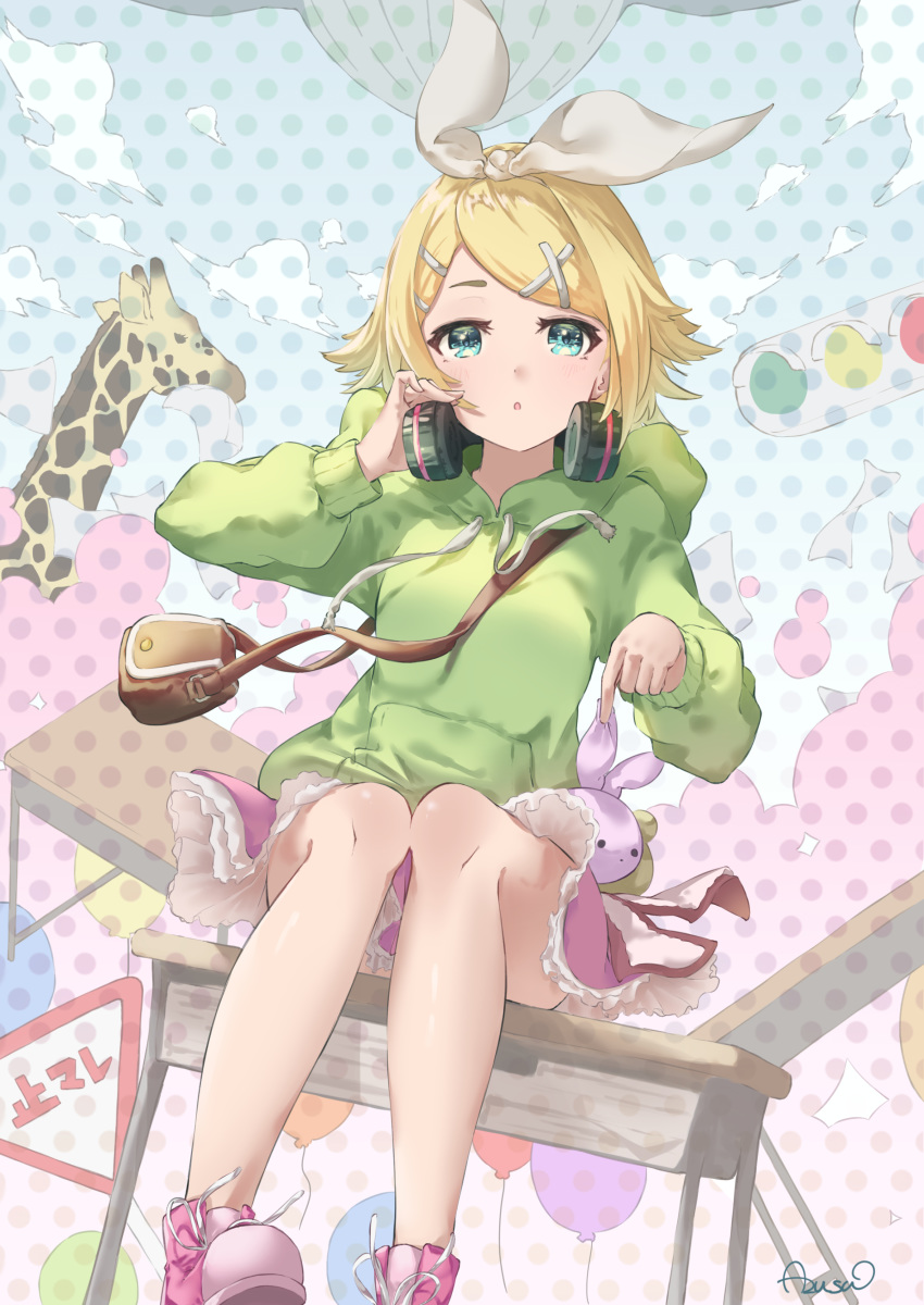 1girl :o absurdres aqua_eyes azusa_(azunyan12) bag balloon bangs blonde_hair blue_sky bow clouds commentary desk feet_out_of_frame frilled_skirt frills giraffe green_hoodie hair_bow hair_ornament hairclip hand_on_headphones headphones headphones_around_neck highres hood hoodie kagamine_rin knee_blush looking_at_viewer melancholic_(vocaloid) miniskirt parted_lips pink_footwear pink_skirt polka_dot polka_dot_background rabbit road_sign shoes short_hair shoulder_bag sign signature sitting skirt sky sneakers solo stop_sign stuffed_animal stuffed_toy swept_bangs traffic_light vocaloid white_bow
