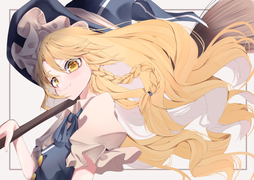 1girl bangs black_neckwear blonde_hair border braid broom buttons carrying_over_shoulder fall_dommmmmer fang floating_hair from_side hat highres kirisame_marisa long_hair looking_at_viewer neck_ribbon portrait puffy_sleeves ribbon short_sleeves side_braid simple_background single_braid smile solo swept_bangs touhou vest witch_hat yellow_eyes