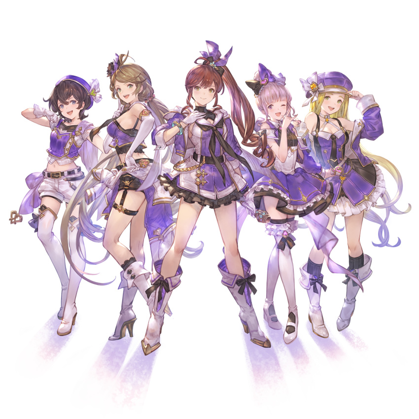 :d bangs black_hair blonde_hair blue_eyes boots brown_eyes brown_hair canna_(granblue_fantasy) closed_mouth diantha_(granblue_fantasy) diola_(granblue_fantasy) eyebrows gloves granblue_fantasy hair_between_eyes hair_ornament hand_on_own_chest hand_up harie_(granblue_fantasy) hat idol linaria_(granblue_fantasy) long_hair long_sleeves low_twintails multiple_girls official_art open_mouth pink_hair ponytail short_hair short_sleeves sleeves sleeves_past_wrists smile standing straight_hair twintails white_footwear white_gloves yellow_eyes