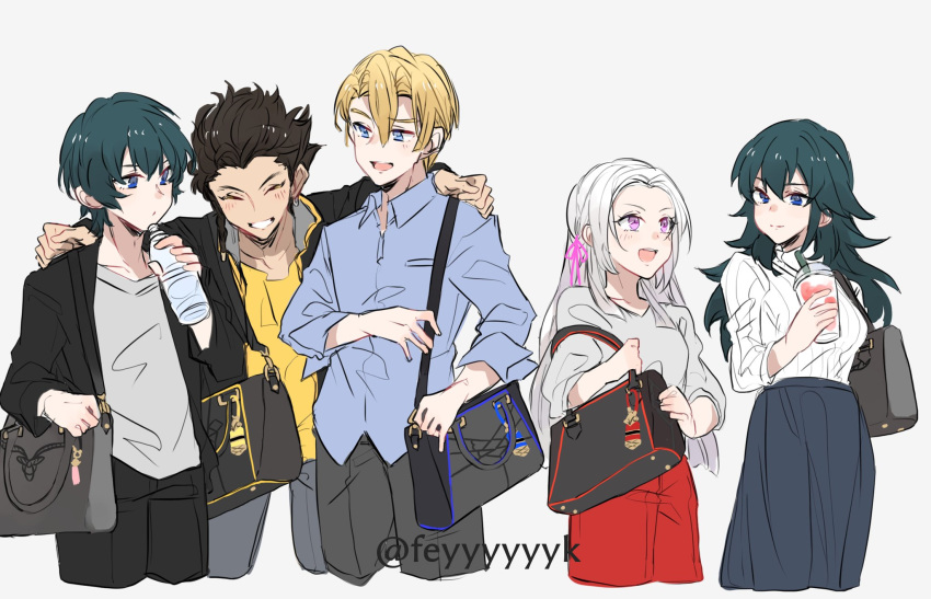 2girls 3boys alternate_costume bag blonde_hair blue_eyes blue_hair bottle brown_hair byleth_(fire_emblem) byleth_eisner_(female) byleth_eisner_(male) claude_von_riegan closed_eyes closed_mouth dimitri_alexandre_blaiddyd drinking_straw edelgard_von_hresvelg feyyyyyyk fire_emblem fire_emblem:_three_houses grin hair_ribbon handbag highres holding long_hair long_sleeves multiple_boys multiple_girls open_mouth ribbon simple_background smile twitter_username violet_eyes water_bottle white_hair