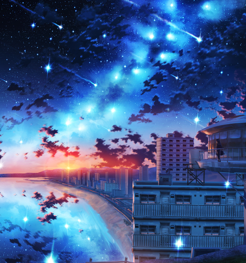 absurdres beach building city clouds commentary_request constellation highres hill house kenzo_093 milky_way night night_sky ocean original reflection scenery shooting_star sky solo star_(sky) starry_sky sunset water wide_shot
