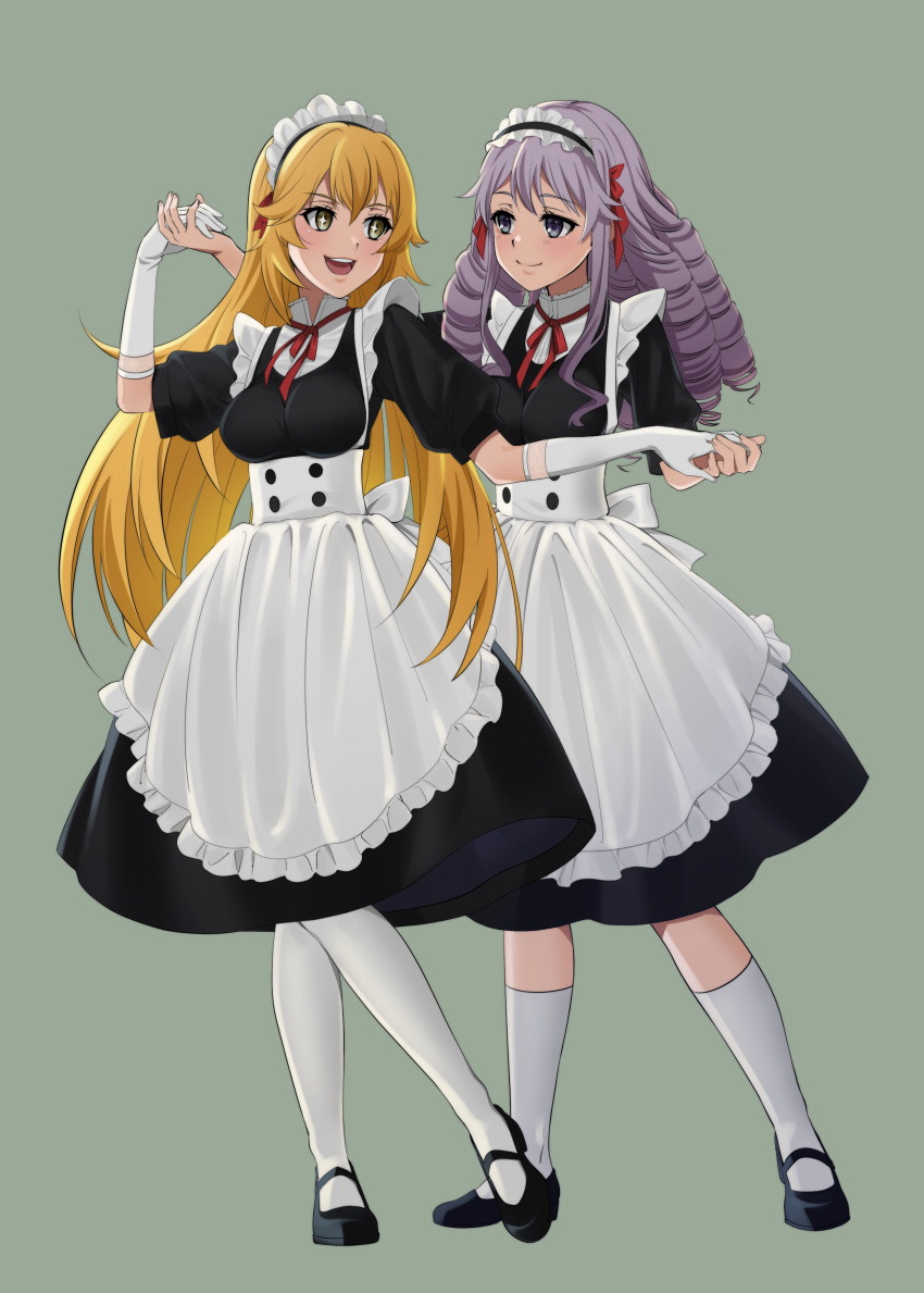 +_+ 2girls :d absurdres alternate_costume apron arm_up back_bow bangs black_dress blonde_hair blush bow breasts brown_eyes closed_mouth dancing dress drill_hair elbow_gloves enmaided eye_contact gloves grey_background highres hokaze_junko holding_hands kneehighs long_hair looking_at_another maid maid_headdress mary_janes medium_breasts multiple_girls naguramu neck_ribbon open_mouth pantyhose puffy_short_sleeves puffy_sleeves purple_hair red_neckwear red_ribbon ribbon round_teeth shoes shokuhou_misaki short_sleeves simple_background smile standing straight_hair teeth to_aru_kagaku_no_railgun to_aru_majutsu_no_index upper_teeth very_long_hair waist_apron white_apron white_bow white_gloves white_legwear