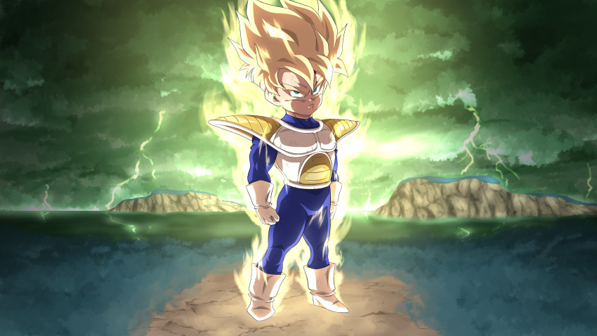 1boy absurdres aura blonde_hair blood blood_on_face bruise_on_face closed_mouth clouds cloudy_sky dragon_ball dragon_ball_z english_commentary full_body gloves green_eyes green_sky highres lightning looking_at_viewer male_focus namek saiyan_armor serious sky solo son_gohan spiky_hair srojam standing super_saiyan super_saiyan_1 what_if white_footwear white_gloves