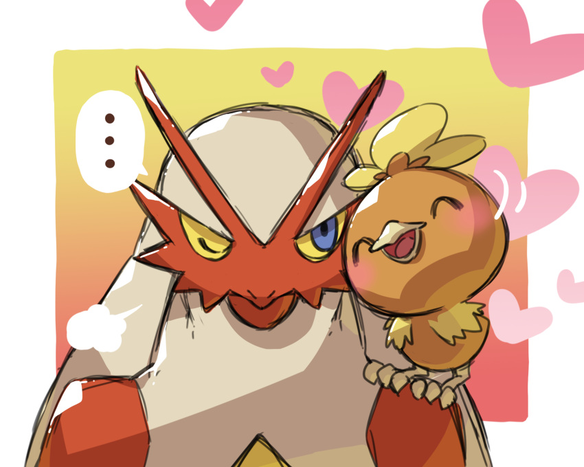 ... ^_^ blaziken blue_eyes blush closed_eyes commentary_request gen_3_pokemon happy heart highres looking_at_another no_humans on_shoulder one_eye_closed open_mouth pokemon pokemon_(creature) pokemon_on_shoulder spoken_ellipsis taisa_(lovemokunae) tongue torchic yellow_sclera