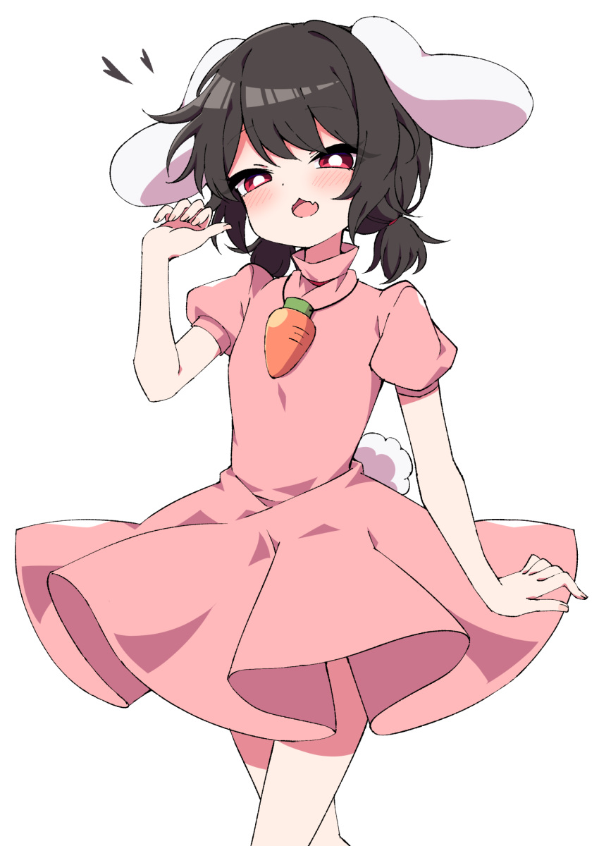 1girl alternate_hairstyle animal_ears arm_up bangs black_hair bright_pupils bunny_tail carrot carrot_necklace dress floppy_ears highres inaba_tewi jewelry looking_at_viewer open_mouth pendant pink_dress puffy_short_sleeves puffy_sleeves rabbit_ears red_eyes short_sleeves simple_background solo tail touhou tsukimirin twintails white_background