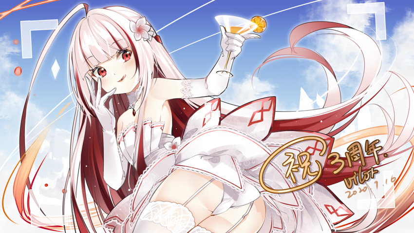 1girl armpits ass azur_lane bare_shoulders blue_sky choker clouds cup day dress drinking_glass elbow_gloves garter_straps gloves hand_up holding long_hair looking_at_viewer multicolored_hair outdoors outstretched_arm panties red_eyes redhead silver_hair sky sleeveless sleeveless_dress smile solo strapless strapless_dress thigh-highs tongue tongue_out twisted_torso two-tone_hair underwear vauquelin_(azur_lane) very_long_hair viewfinder vilor white_choker white_dress white_gloves white_legwear white_panties wine_glass