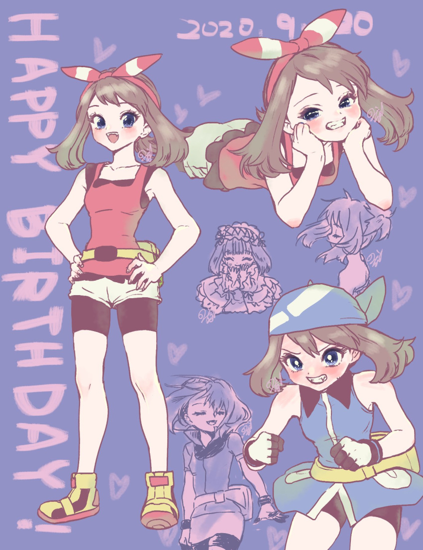 1girl bangs bare_arms bike_shorts blue_bandana blue_eyes blush bow_hairband brown_hair commentary_request eyelashes fanny_pack hairband hands_on_hips happy_birthday heart highres knees medium_hair minapo multiple_views open_mouth pokemon pokemon_adventures red_hairband sapphire_birch shoes short_shorts shorts sleeveless smile teeth white_shorts yellow_footwear