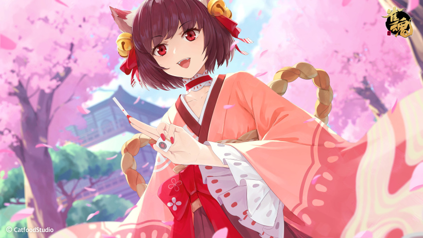 1girl :d absurdres animal_ears architecture bell brown_hair cat_ears cherry_blossoms choker day east_asian_architecture eyebrows_visible_through_hair fangs fingernails green_eyes hair_bell hair_ornament hakama highres holding ichihime japanese_clothes jingle_bell long_sleeves mahjong mahjong_soul mahjong_tile nail_polish open_mouth outdoors red_choker red_nails short_hair smile solo somehira_katsu tottemo_e_mahjong_plus watermark