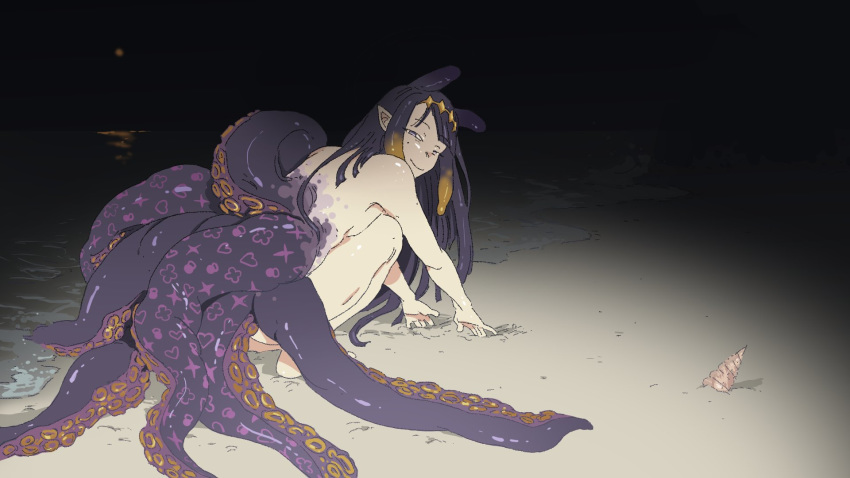 1girl bblibrary beach closed_mouth dark highres hololive hololive_english long_hair looking_at_viewer looking_back moon night night_sky ninomae_ina'nis nude ocean outdoors pointy_ears purple_hair sand seashell shell shiny shiny_skin sky smile solo squatting tentacles water