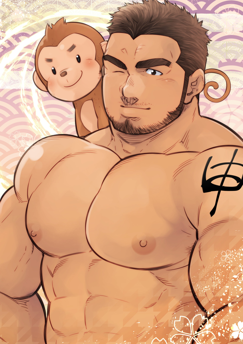 1boy abs absurdres animal bara beard blush brown_eyes brown_hair chest chinese_new_year facial_hair highres male_focus manly masateruteru monkey monkey_tail muscle nipples on_shoulder one_eye_closed original pectorals short_hair sideburns solo tail tattoo thick_eyebrows