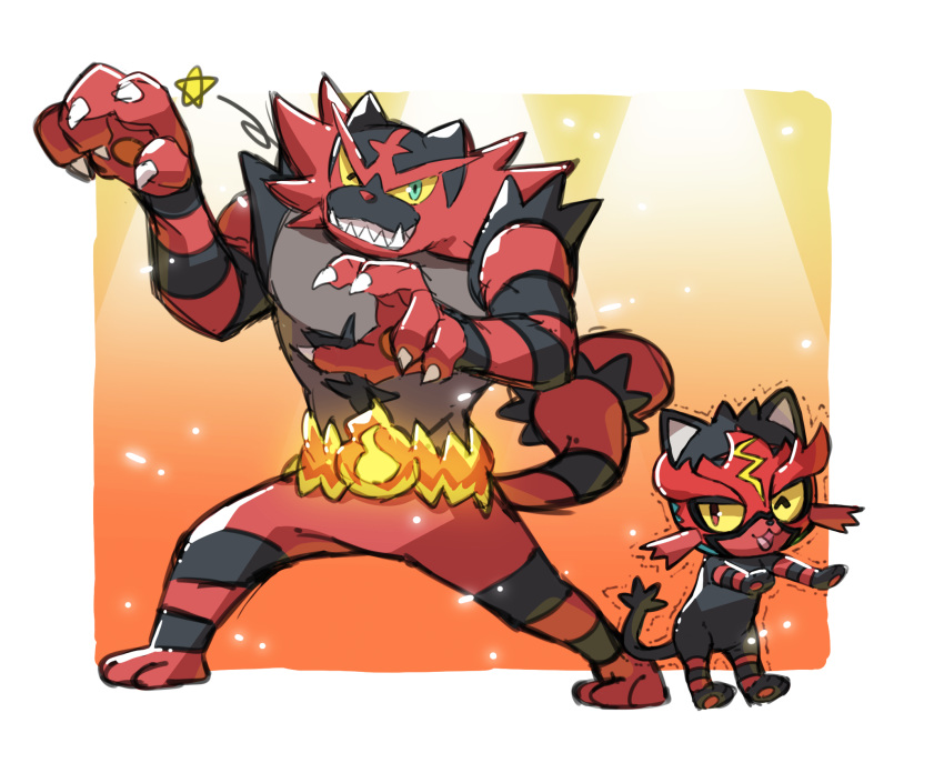 :3 blue_eyes claw_pose commentary_request gen_7_pokemon hands_up highres incineroar legs_apart litten no_humans one_eye_closed open_mouth pokemon pokemon_(creature) shaking standing tail taisa_(lovemokunae) teeth tongue wrestling_mask yellow_sclera