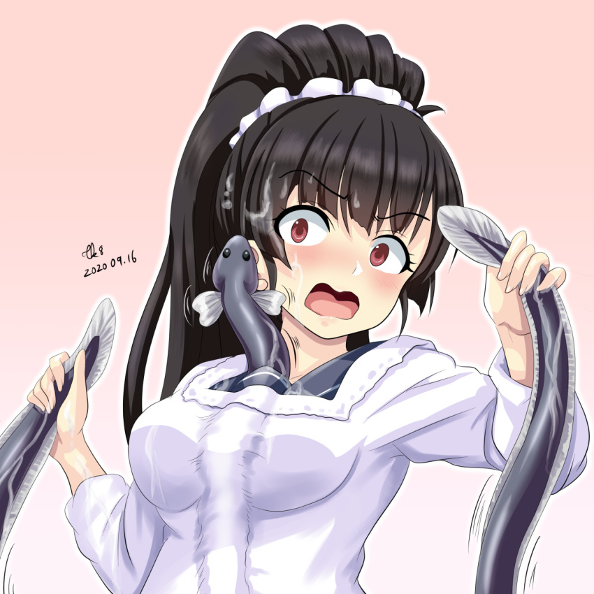 1girl animal between_breasts black_hair blush breasts commentary_request eel fish high_ponytail highres holding holding_animal holding_fish isokaze_(kantai_collection) japanese_clothes kantai_collection kappougi long_hair long_sleeves open_mouth red_eyes small_breasts solo tk8d32 upper_body