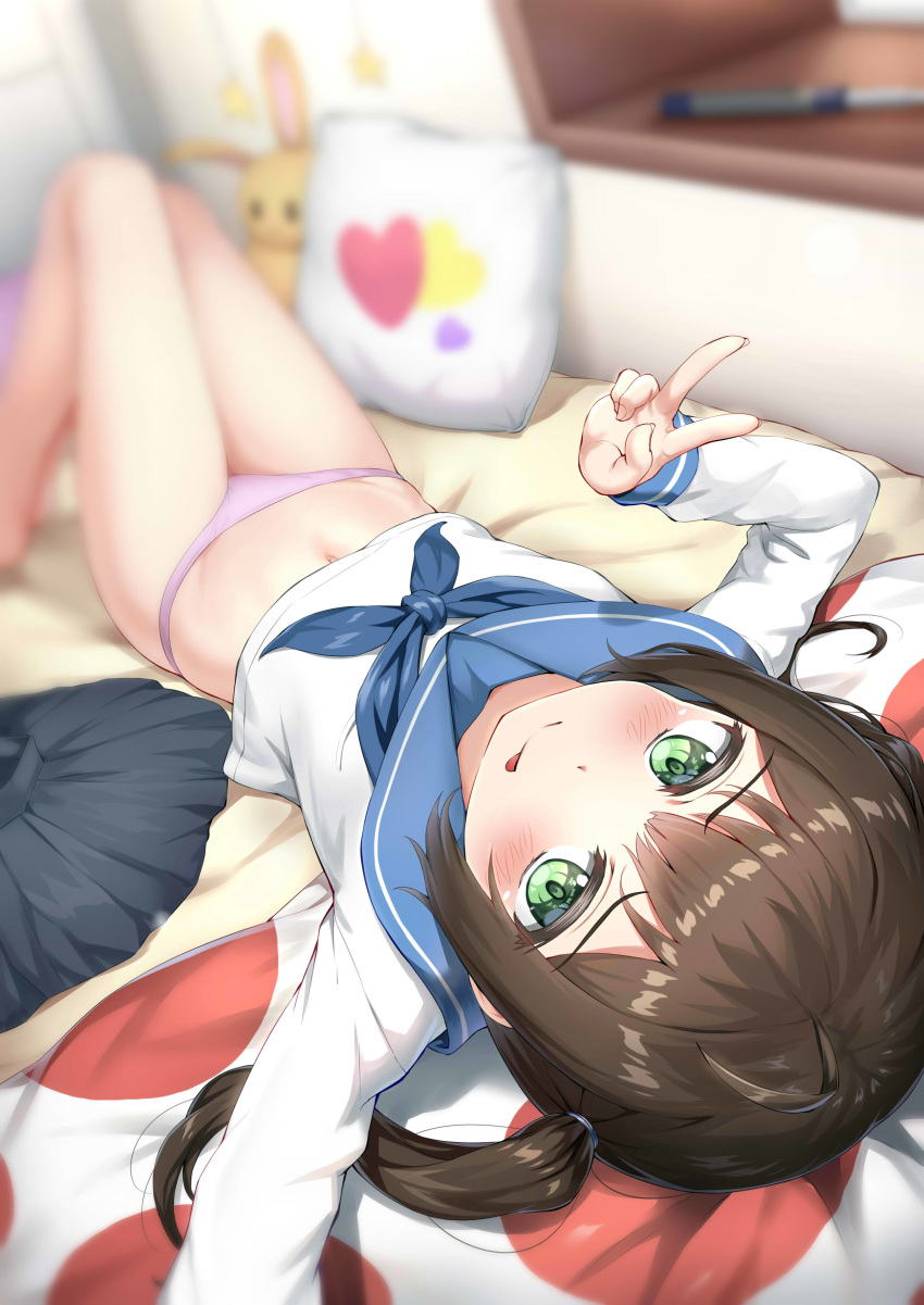 1girl :p absurdres barefoot black_skirt blue_neckwear blue_sailor_collar blurry blurry_background blush brown_hair commentary_request green_eyes heart heart_print highres indoors legs long_hair long_sleeves looking_at_viewer navel nedia_(nedia_region) on_bed original panties pillow pink_panties sailor_collar school_uniform self_shot serafuku short_hair skirt skirt_removed solo stuffed_animal stuffed_bunny stuffed_toy tongue tongue_out twintails underwear v