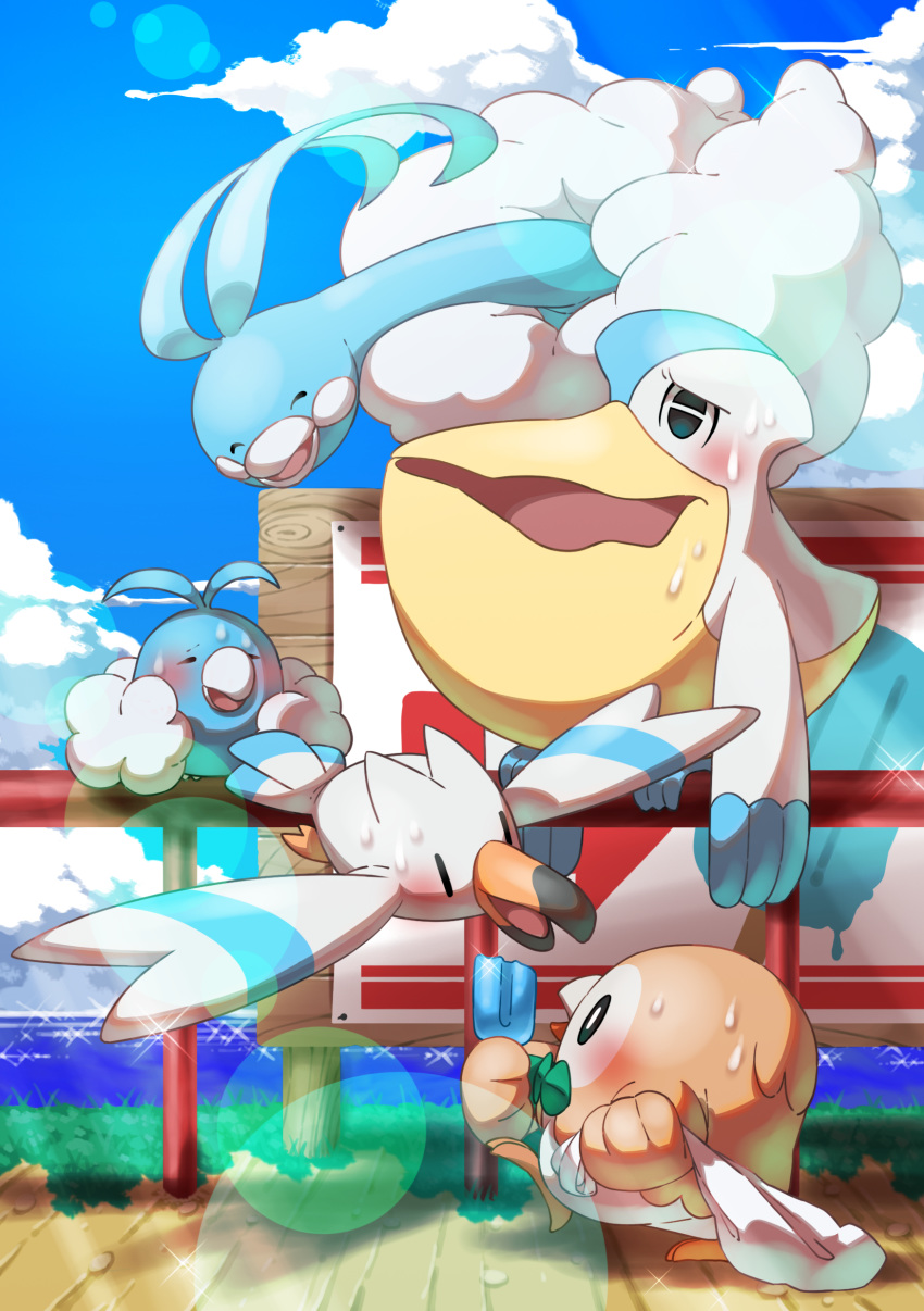 absurdres altaria beak bird blush clouds commentary_request day eye_contact fence food gen_3_pokemon gen_7_pokemon highres holding hot lens_flare looking_at_another open_mouth outdoors owl pelipper pokemon pokemon_(creature) popsicle rowlet sky swablu sweat taisa_(lovemokunae) water wingull