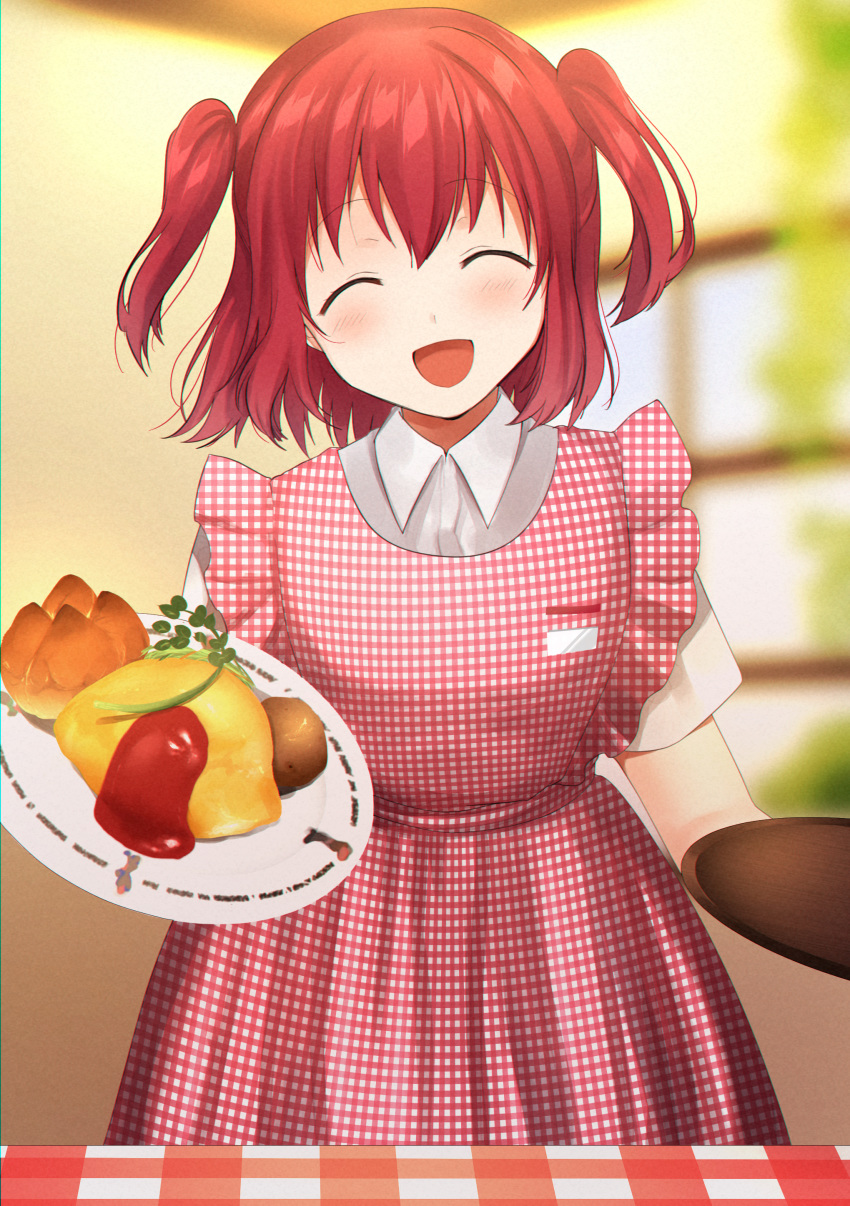 1girl absurdres apron closed_eyes food gingham gingham_apron highres holding holding_plate holding_tray kazehana_(spica) ketchup kurosawa_ruby love_live! love_live!_sunshine!! omelet omurice open_mouth plate red_apron redhead shirt short_hair short_sleeves smile solo tray two_side_up waitress white_shirt