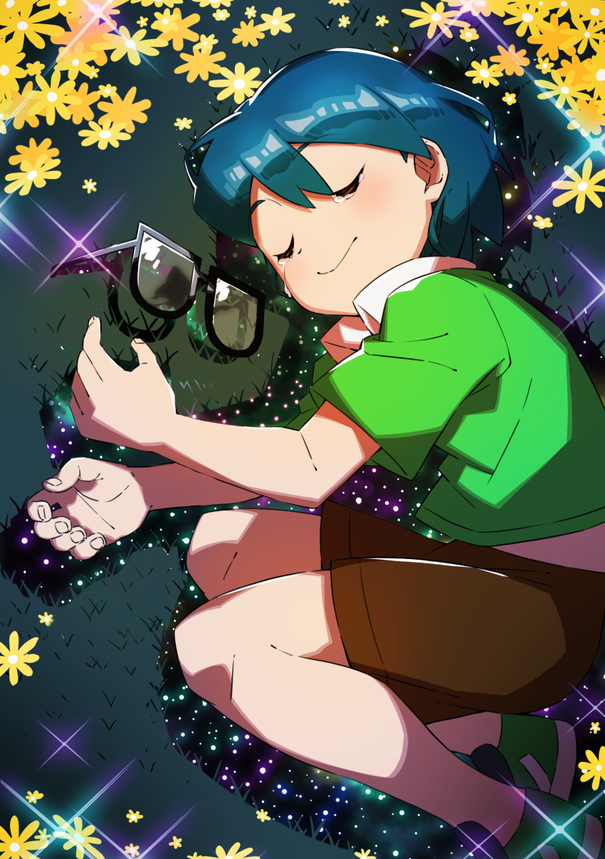 1boy absurdres bangs black-framed_eyewear blue_hair brown_shorts closed_eyes closed_mouth collared_shirt commentary_request crying eyewear_removed fingernails flower glasses grass green_footwear green_shirt highres max_(pokemon) pokemon pokemon_(anime) pokemon_rse_(anime) shirt shoes shorts solo sparkle taisa_(lovemokunae) tears yellow_flower