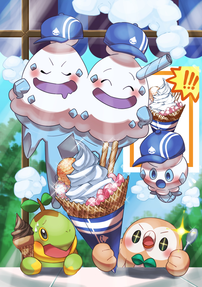 !! +_+ absurdres blue_headwear blush closed_eyes commentary_request food gen_4_pokemon gen_5_pokemon gen_7_pokemon hat highres holding holding_spoon ice_cream ice_cream_cone looking_up mouth_drool no_humans open_mouth pokemon pokemon_(creature) rowlet spoon sweat taisa_(lovemokunae) tongue turtwig vanillite vanilluxe