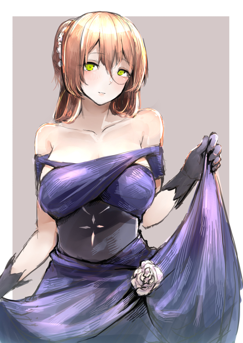1girl absurdres bare_shoulders black_gloves blue_dress blush breasts closed_mouth collarbone dress dress_lift eyebrows_visible_through_hair girls_frontline gloves green_eyes grey_background hair_ornament highres holding holding_clothes holding_dress kyoyakyo long_hair looking_at_viewer m1903_springfield_(girls_frontline) medium_breasts orange_hair solo standing