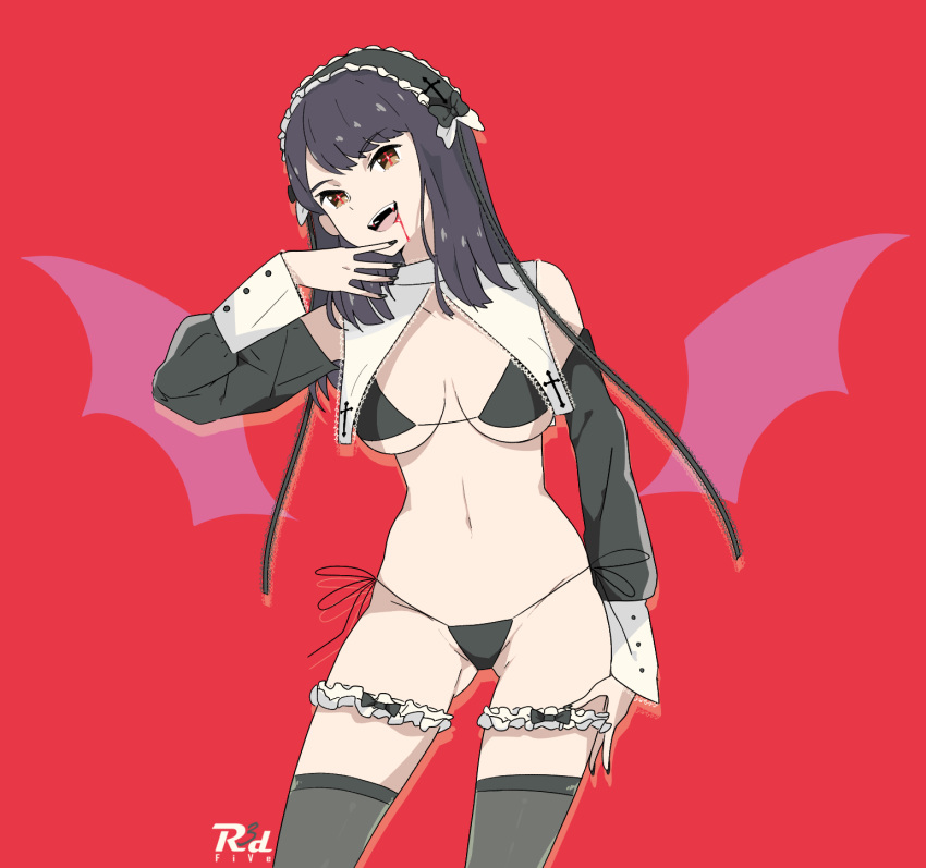 +_+ 1girl artist_name bare_shoulders bikini black_bikini black_bow black_hair black_legwear black_nails blood blood_from_mouth blood_on_face bow brown_eyes cross detached_sleeves eyebrows_visible_through_hair fake_wings fang fingernails frills highres looking_at_viewer medium_hair navel open_mouth original r3dfive red_background signature simple_background smile solo swimsuit tongue umbrella vampire wings