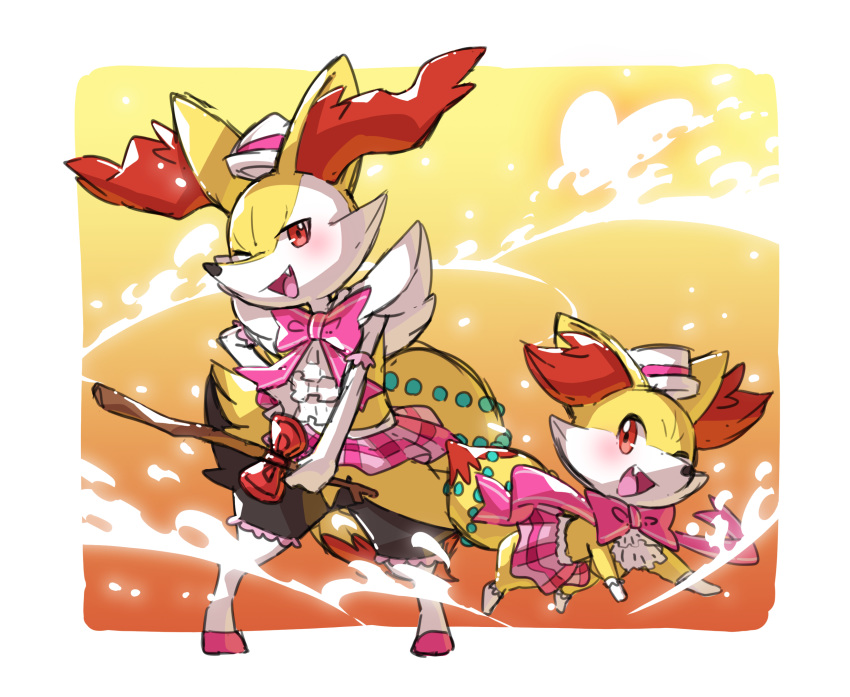 blush bow braixen commentary_request fang fennekin fur gen_6_pokemon happy hat highres holding holding_stick looking_at_another looking_at_viewer one_eye_closed open_mouth pink_bow pink_ribbon pink_skirt pokemon pokemon_(creature) red_bow red_eyes ribbon skirt standing stick taisa_(lovemokunae) tongue