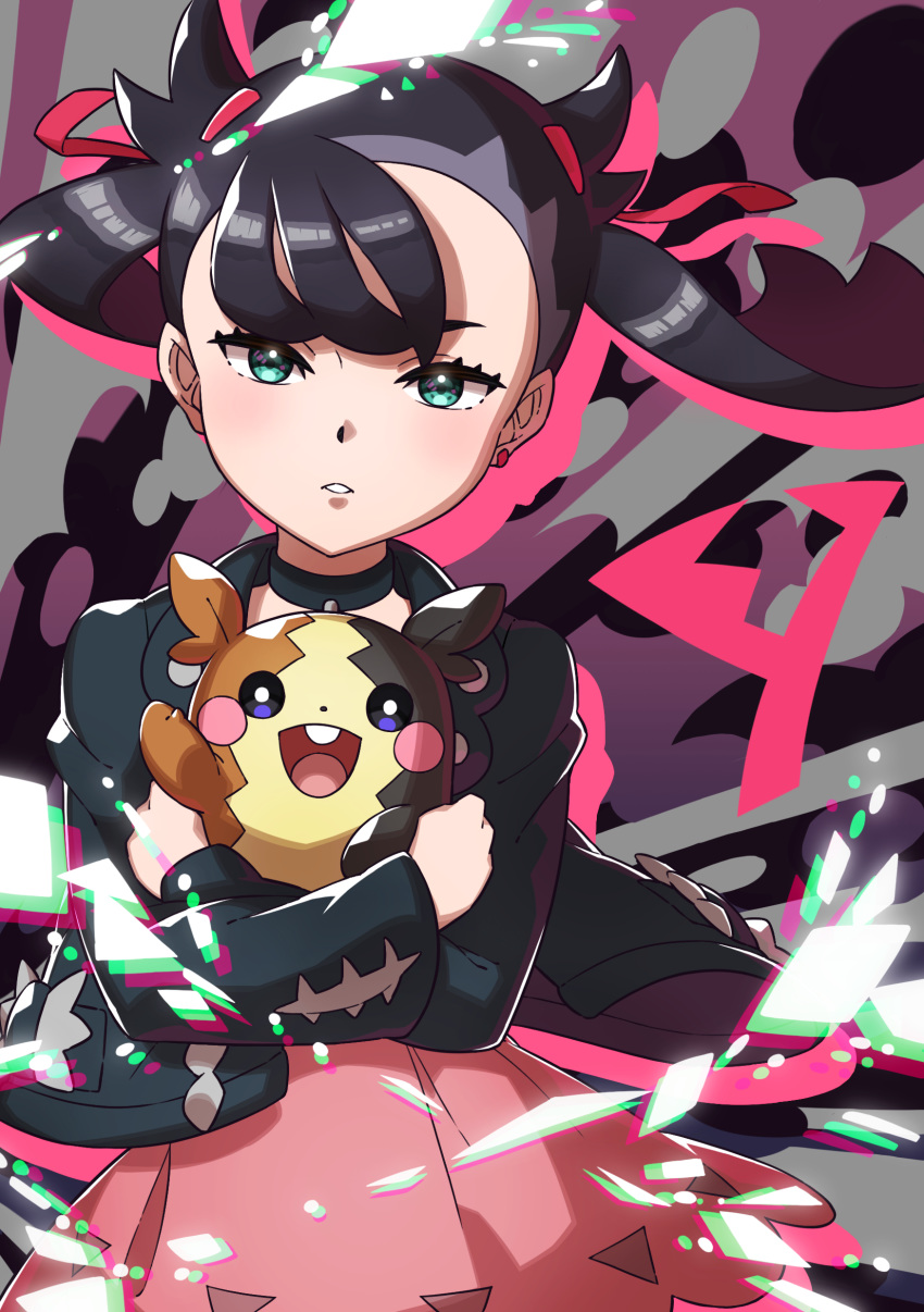 1girl absurdres asymmetrical_bangs bangs black_choker black_hair black_jacket blush choker commentary_request crossed_arms dress earrings eyelashes floating_hair gen_8_pokemon green_eyes hair_ribbon highres holding holding_pokemon jacket jewelry long_hair long_sleeves looking_at_viewer marnie_(pokemon) morpeko morpeko_(full) parted_lips pink_dress pokemon pokemon_(creature) pokemon_(game) pokemon_swsh red_ribbon ribbon taisa_(lovemokunae) teeth twintails