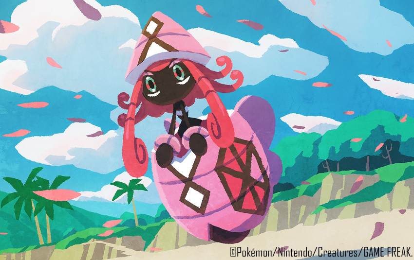 beach clouds commentary_request copyright_name day floating gen_7_pokemon hyogonosuke legendary_pokemon long_hair no_humans official_art outdoors palm_tree petals pink_hair pokemon pokemon_(creature) pokemon_trading_card_game sand sky tapu_lele tree watermark