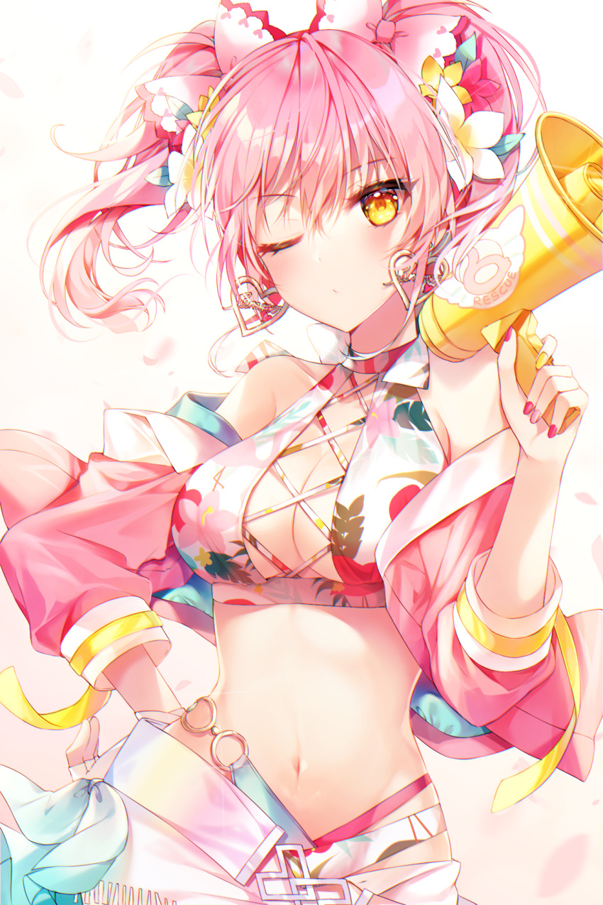 1girl bare_shoulders bikini closed_mouth crop_top earrings floral_print flower hair_flower hair_ornament halter_top halterneck hand_on_hip hand_up highres holding idolmaster idolmaster_cinderella_girls jacket jewelry jougasaki_mika long_hair long_sleeves looking_at_viewer megaphone midriff navel off_shoulder one_eye_closed open_clothes open_jacket pink_hair pink_jacket print_bikini shorts solo stomach strap swimsuit taya_5323203 twintails upper_body white_bikini white_shorts yellow_eyes