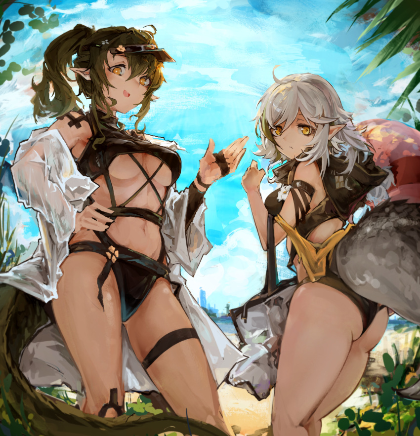 2girls absurdres arknights ass blue_sky breasts commentary_request crocodilian_tail day gavial_(arknights) green_hair hand_up highres jumbowhopper large_tail long_hair medium_breasts multiple_girls navel pointy_ears silver_hair sky stomach tail thigh_strap thighs tomimi_(arknights) under_boob visor_cap yellow_eyes