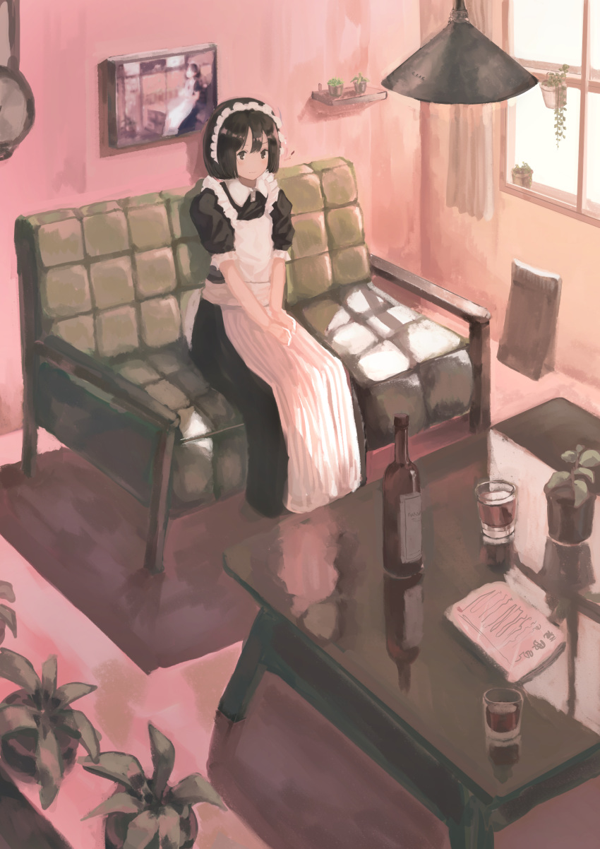 1girl absurdres alcohol apron bob_cut dress hennekobakatesu highres maid maid_apron maid_dress maid_headdress original pinafore_dress scenery sitting solo summer_uniform whiskey