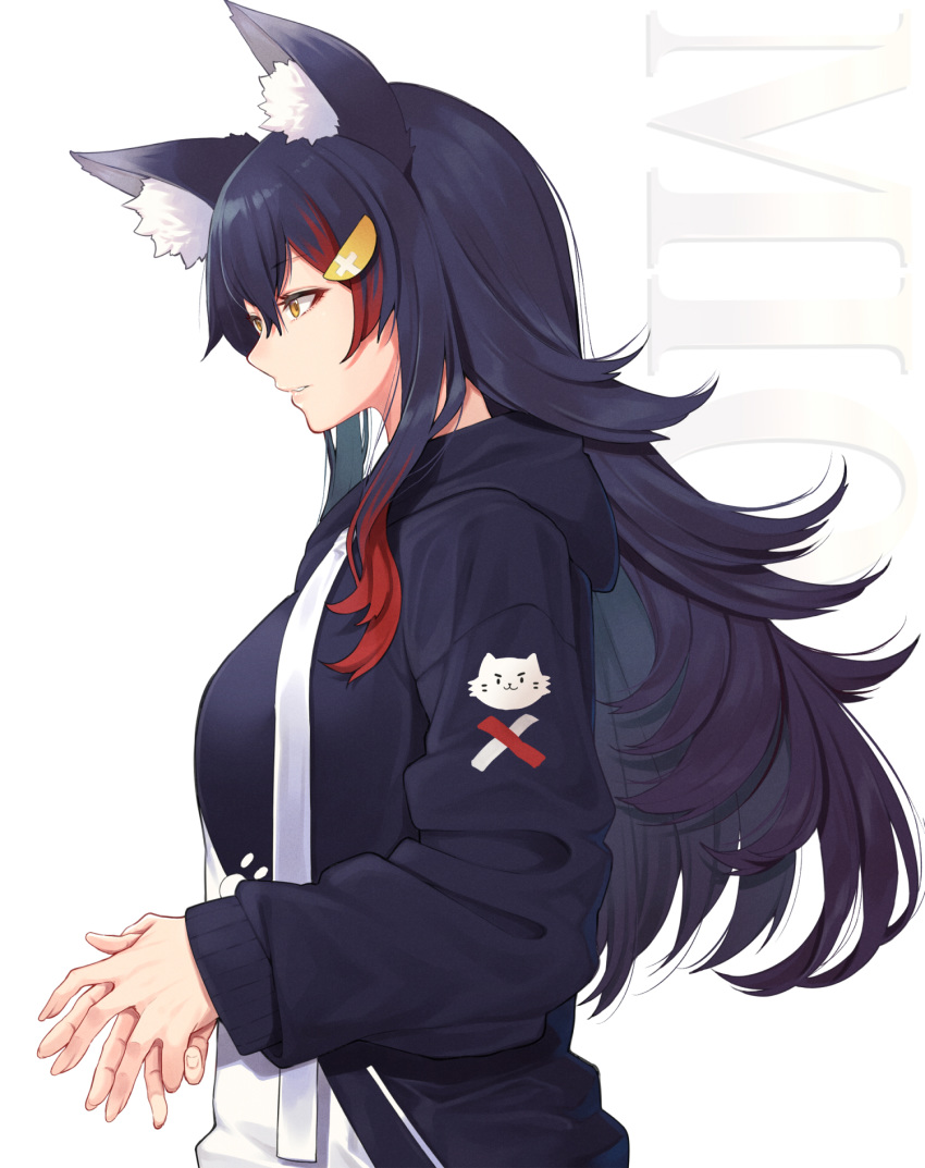 1girl animal_ear_fluff animal_ears black_hair breasts character_name commentary flipped_hair hair_ornament hairclip hands_together highres hololive hood hood_down hooded_jacket jacket long_hair mikan_(chipstar182) multicolored_hair ookami_mio parted_lips profile redhead shirt solo streaked_hair virtual_youtuber wolf_ears wolf_girl yellow_eyes