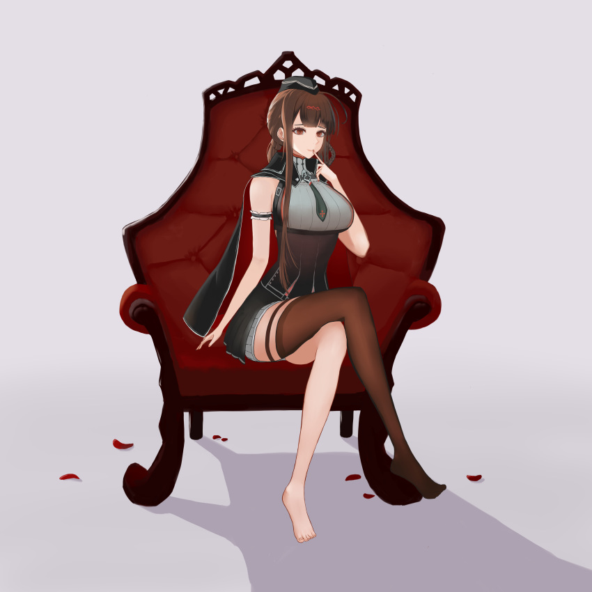 1girl absurdres armchair barefoot black_cloak black_headwear black_legwear black_neckwear braid breasts brown_eyes brown_hair chair cloak closed_mouth crossed_legs dsr-50_(girls_frontline) eyebrows_visible_through_hair finger_to_mouth girls_frontline grey_background hair_ornament hanser hat highres lips long_hair looking_at_viewer nail_polish necktie no_shoes petals single_thighhigh sitting solo thigh-highs