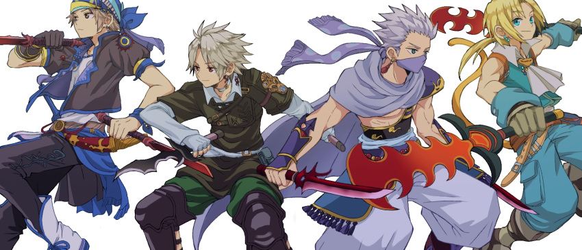 4boys bandana bandana_over_mouth blonde_hair blue_eyes boots brown_eyes commentary_request dagger dissidia_final_fantasy dissidia_final_fantasy_opera_omnia dual_wielding earrings edward_geraldine final_fantasy final_fantasy_iv final_fantasy_ix final_fantasy_vi final_fantasy_xiv fingerless_gloves gloves highres holding ichi_(pixiv6373491) jewelry knife lock_cole male_focus multiple_boys necklace ninja ponytail simple_background spiky_hair thancred_waters thief trait_connection weapon white_background white_hair zidane_tribal